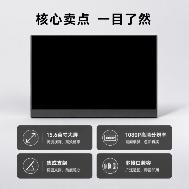 使用电商主图技能生成12张比例1:1的电商主图，适配平台为京东，商品为「图片1」「图片1」「图片1」「图片1」「图片1」「图片1」，商品卖点为参考同行热卖的15.6寸便携显示器，其他要求为注意：背部支预览效果