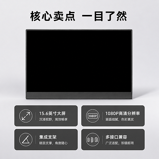 使用电商主图技能生成12张比例1:1的电商主图，适配平台为京东，商品为「图片1」「图片1」「图片1」「图片1」「图片1」「图片1」，商品卖点为参考同行热卖的15.6寸便携显示器，其他要求为注意：背部支架多角度可调节 不带皮套 不接外部支架 产品外观请严格遵循上传的图片！