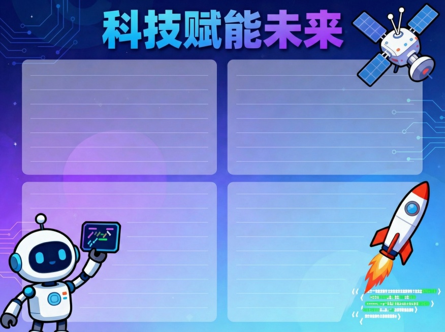 将手抄报改为横板布局，保留科技赋能未来主题，包含卡通机器人、火箭、卫星、代码元素，蓝紫渐变科技感色彩，排版清晰，预留充足文字书写区域预览效果