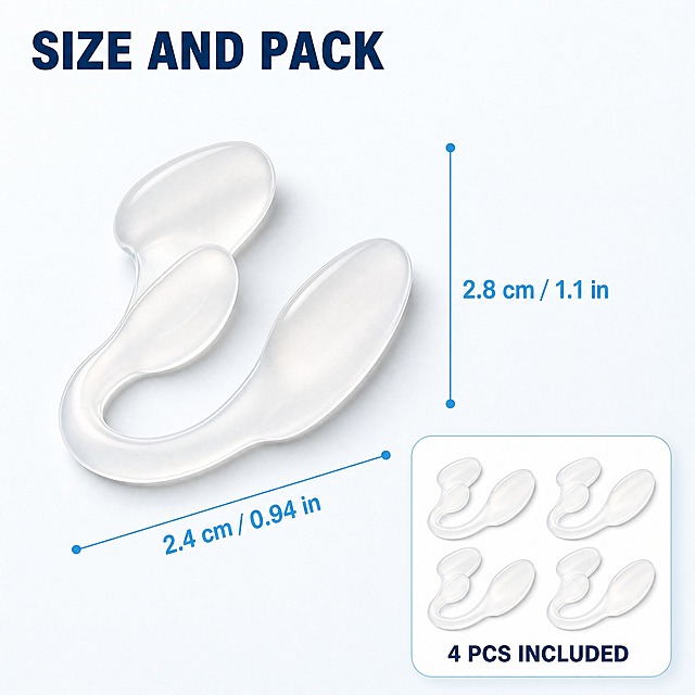 [主图-5] 商品名称「4 Pcs Silicone Nasal Dilators — Soft Clear Nose Vents for Nighttime Breathing Comfort and Daily Wear」。本张唯一任务：下单前的尺寸与套装件数核对，只标注真实数据。
[统一基调] 清爽可信的个护信息图视觉：纯净白到极浅冰蓝白背景（#FFFFFF→#F1F7FA），透明偏乳白硅胶产品配深墨蓝标题（#103A5A）、中灰辅助文字（#6B7580）与清透水蓝强调（#3FA9D8）；单一几何无衬线粗体，仅以字号层级区分主副；卡片统一 16px 圆角白卡 + 1px 浅灰蓝描边，图标统一 2px 线性描边；左上 45° 柔光，透明硅胶呈清透高光，右下自然接触阴影。
[画面] 透明的硅胶鼻腔扩张器以正侧角度放在浅灰白台面上，居画面中偏左：右侧一条竖向细水蓝标注线带圆点端点，标注产品整体长度并写 "2.8 cm / 1.1 in"；下方一条斜向细水蓝标注线带圆点端点，标注两端翼片张开的跨度并写 "2.4 cm / 0.94 in"；右下角放一个 16px 圆角白卡小窗作为套装证据组件，以俯视平铺方式展示 4 件完全相同、结构一致的产品整齐排列（两行两列），小窗内写套装数量说明；标注线为平面图形，不与产品产生错误阴影。
[光影质感] 影棚柔光，左侧主光，产品有自然接触阴影与清透高光，不悬浮、不硬切。
[配色] 沿用统一基调；背景极浅冰蓝白，标注线与文字用深墨蓝与水蓝，卡片为纯净白。
[文字版式] 主标题置左上，深墨蓝粗体大字 "SIZE AND PACK"；标注文案仅允许 "2.8 cm / 1.1 in" 与 "2.4 cm / 0.94 in"；右下白卡小窗内为深墨蓝小号粗体 "4 PCS INCLUDED"；全图仅英文文案，禁止中文、错字。
[输出要求] 1:1 正方形；小窗内 4 件产品形状必须完全一致、不得出现不同型号；负向：除上述数值外的任何数字、重量、件数矛盾、多余尺寸线、中文、水印、平台 Logo、品牌标志、变形、标注遮挡主体、模糊。