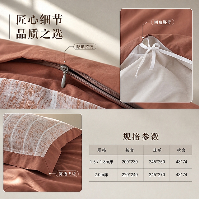 [主图-5] 做工细节与规格参数 展示隐形拉链 四角绑带 宽边飞边及尺寸信息
[统一基调] 侘寂风高级感 暖棕大地色调 温馨居家自然光 午后慵懒光斑 浅景深 衬线体标题 文字克制不杂乱
[画面] 多细节组合版式 主画面是被套一角特写 展示隐形拉链细节 拉链头隐藏在布边内 做工精致 右上角小图展示被套内部四角绑带 绑带系在被芯角上 左下角小图展示枕套宽边飞边设计 飞边自然垂坠 右下角是规格参数表 清晰列出两个规格的被套 床单 枕套尺寸
[光影质感] 柔和自然光 细节特写清晰 拉链金属质感自然 棉织物纹理清晰 整体干净专业
[配色] 主色调暖棕 焦糖色 米白 背景浅米灰 标题字深棕色 辅助字浅棕色 参数文字深灰色
[文字版式] 左上主标题「匠心细节 品质之选」 各细节旁有引线标注「隐形拉链」「四角绑带」「宽边飞边」 右下角规格表 标题「规格参数」 两行规格 被套200*230 床单245*250 枕套48*74 被套220*240 床单245*270 枕套48*74 文字排版整齐
[输出要求] 1:1比例 细节清晰 文字清晰可读 无变形 无错字 无水印 无平台Logo