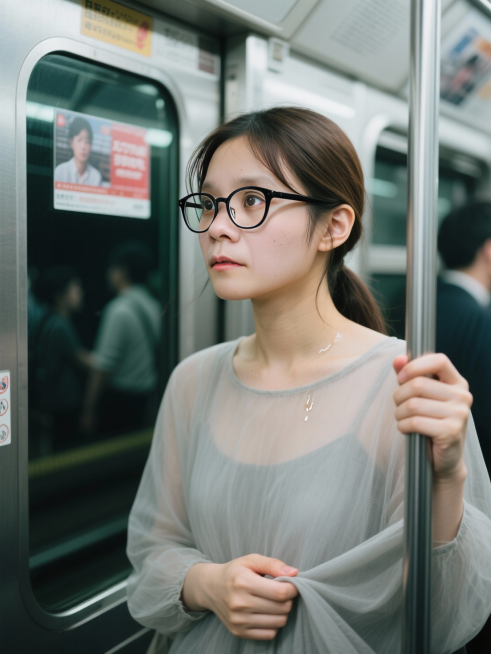 场景创意：地铁早高峰 · 被陌生人无意冒犯后的愠怒
镜头从拥挤车厢的金属扶手切入，汗味、香水与早餐包子的气息混杂。列车急刹，人群晃动。画面迅速推近，定格在一张年轻女子的近景特写上，框定自发顶至锁骨上方预览效果