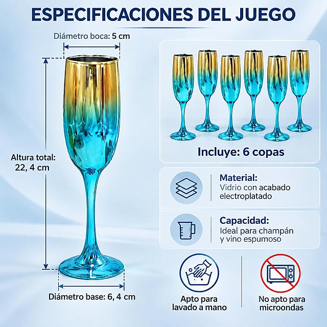[主图-5] Juego de 6 Copas de Champán Degradado Oro-Azul 尺寸规格与套装信息图。
[统一基调] 跨境亚马逊信息图风格，浅灰蓝色背景，清晰数据展示，现代无衬线西班牙语字体，标题深蓝色，数据文字深灰色。
[画面] 画面左侧为一只完整的金蓝渐变香槟杯侧视图，杯身上有清晰的尺寸标注引线：口径标注5cm（从杯口左侧到右侧水平引线），底径标注6.4cm（底座直径水平引线），高度标注22.4cm（从杯口顶端到底座底端垂直引线）；右侧为套装信息区，展示6只杯子的俯视排列示意图，以及规格参数卡片；底部有适用温度和清洁提示图标；背景浅灰蓝渐变，信息层次分明。
[光影质感] 产品侧视图保持真实摄影质感，杯身渐变光泽自然；尺寸标注线清晰精准，参数卡片简洁干净。
[配色] 浅灰蓝渐变背景，深蓝色标题，深灰数据文字，蓝色标注线，产品金蓝渐变。
[文字版式] 顶部标题西班牙语："ESPECIFICACIONES DEL JUEGO"；尺寸标注："Diámetro boca: 5 cm"、"Diámetro base: 6,4 cm"、"Altura total: 22,4 cm"；右侧套装信息："Incluye: 6 copas"、"Material: Vidrio con acabado electroplatado"、"Capacidad: Ideal para champán y vino espumoso"；底部图标+文字："Apto para lavado a mano"、"No apto para microondas"；所有文字西班牙语，现代无衬线字体。
[输出要求] 1:1正方形比例，2K分辨率，尺寸标注清晰准确，产品外观与参考图一致，文字清晰可读，不变形，无水印，无平台Logo，无中文。