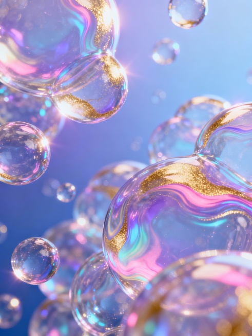 具有强烈未来感的流光质感，无数半透明的泡沫轻盈悬浮，每个泡沫表面都流淌着七彩斑斓的渐变流光，光线在泡沫间折射出梦幻般的光晕效果，整体呈现出通透、轻盈且富有动感的视觉氛围，色彩以柔和的蓝紫色调为主，点缀明亮的金色和粉色流光，光影层次丰富，高光部分闪耀夺目，阴影部分细腻柔和，营造出神秘而绚丽的梦幻场景。预览效果