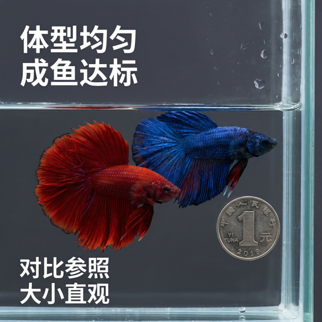 [主图 6] 泰国斗鱼体型对比展示
[氛围/风格] 直观对比，清晰明了，干净专业
[画面元素] 在同一个水族场景中，将成年的大红袍和大蓝袍斗鱼与常见物品做大小对比，两条斗鱼完整展示，旁边放置一元硬币参预览效果