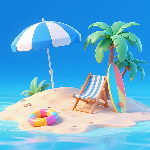 清新软3D风，卡通感海岛场景，色彩明亮，伞椅椰树，夏日度假氛围。