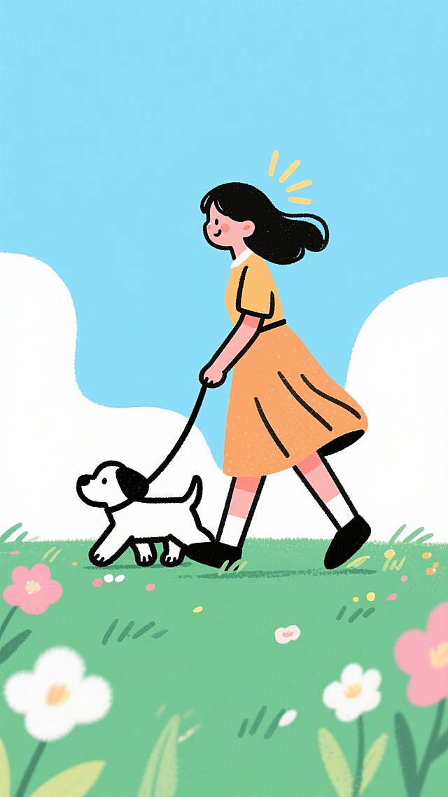 清新插画风，卡通少女牵着小狗漫步花丛，阳光明媚，充满童趣与活力。