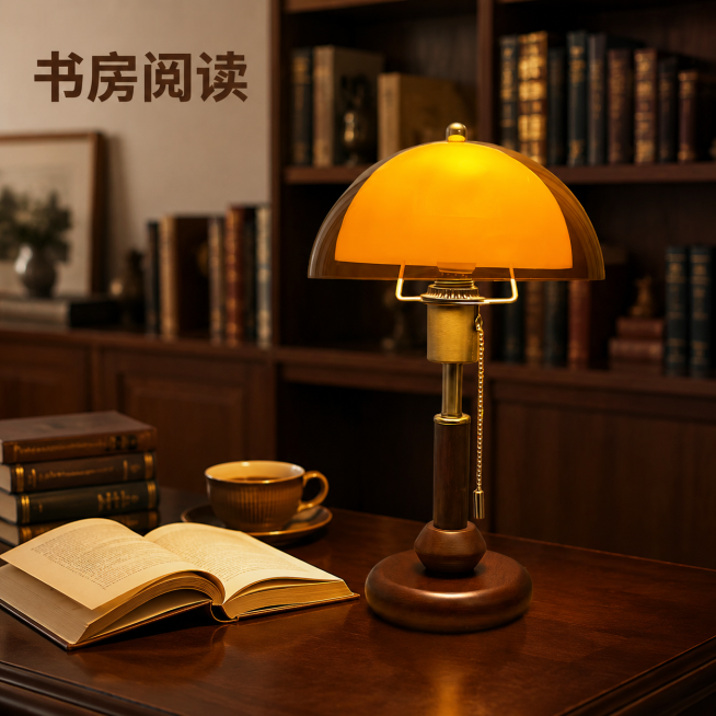 [主图-7] 实木蘑菇台灯书房适配场景展示图
[氛围风格] 静谧文艺，展示工作阅读氛围
[画质] 商业摄影质感，光线柔和通透，产品清晰真实，画面干净高级
[元素] 实木蘑菇台灯放置在深色实木书桌上，旁预览效果