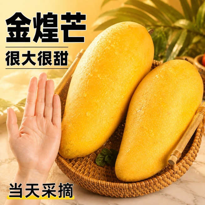 [主图] 金煌芒大芒果电商主图，参考参考图的爆款大字风格，保留商品图中金煌芒硕大饱满的外观特征，保持芒果颜色金黄，表面纹理一致。采用左文右图构图，左侧大字突出卖点，右侧完整展示大芒果，加入手掌对比大小预览效果