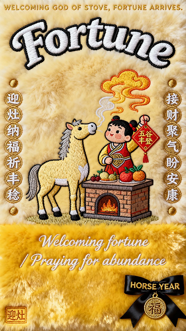 毛绒布上刺绣的2026马年初四海报
