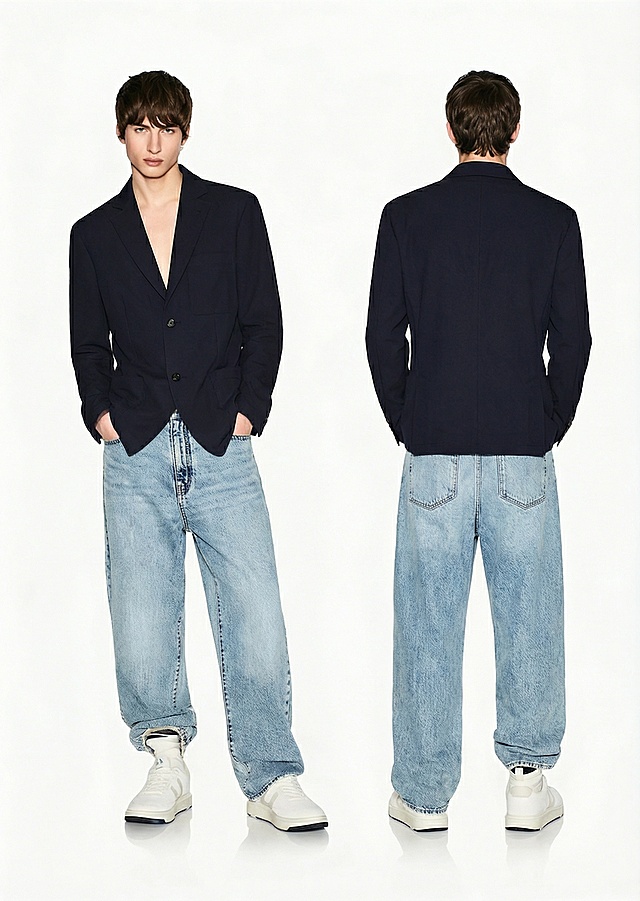 让模特保持原造型和穿搭，在原地做专业男模的正面和背面展示动作