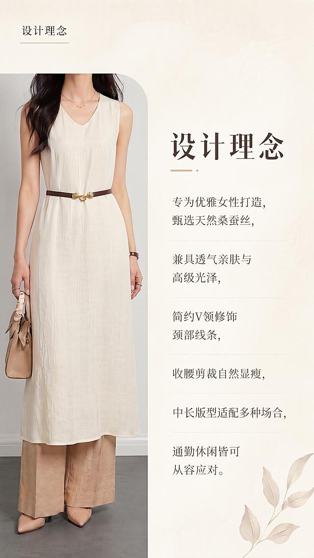 「图片1」，生成一套详情页，商品名称为轻奢桑蚕丝连衣裙无袖 V 领温柔显瘦夏季中长裙，适配淘宝/天猫平台，单图比例为9:16，需求屏数为5张。「图片1」「图片1」「图片1」「图片1」「图片1」.[第1屏] 详情页头图-只有两件连衣裙蓝色白色 在一起的宣传海报。[第2屏] 设计理念 [第3屏] 细节工艺+尺码信息-尺码均码F 只要写这件的衣服信息 不推荐尺码最后带一句“定制产品具体尺寸可与客服沟通” [第4屏] 细节卖点  [第5屏] 面料与版型卖点
