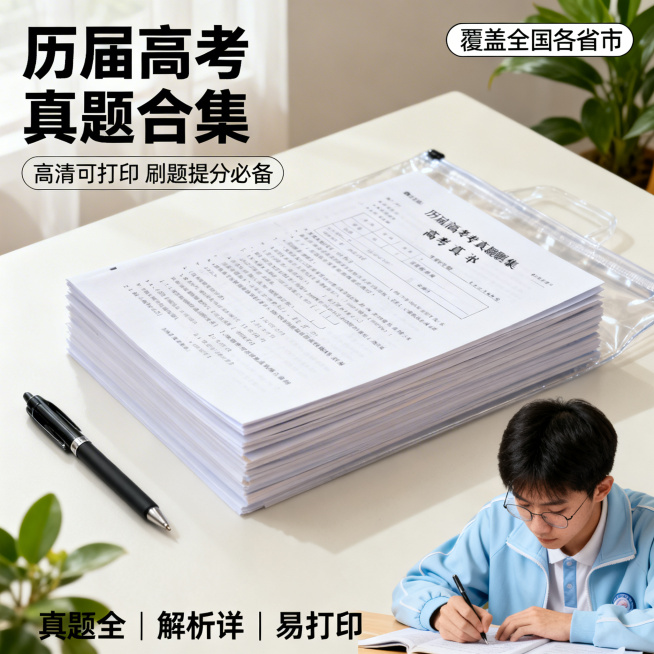 历届高考真题试卷合集电商主图，清新舒适学习风格，柔和自然光护眼色调。整洁书桌背景，堆叠的打印版高考真题试卷居中放置，搭配黑色水笔与透明文件袋，亚洲面孔高三学生身着浅蓝校服低头专注刷题，角落点缀少量绿植预览效果