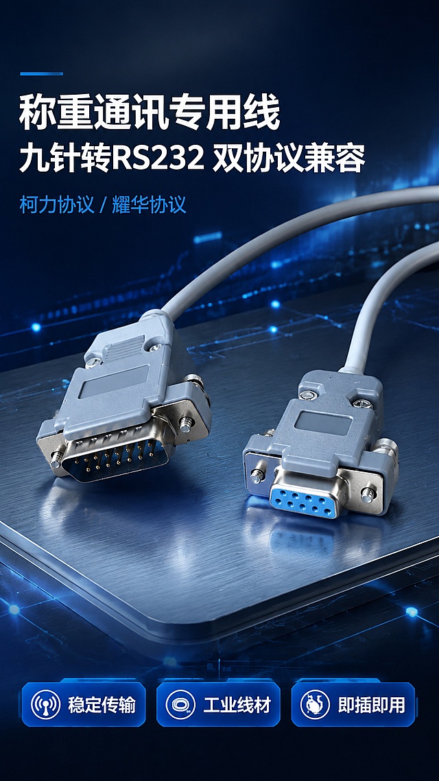 [第1张] 详情页头图-称重仪表九针转RS232专用通讯线主视觉海报。本张使用【图1】作为商品主体，左右两端接口完整展示。
[氛围/风格] 工业科技风，深蓝灰色调，专业严谨，商业摄影质感，突出工业配件的精密与可靠。
[元素布局] 通讯线呈对角线横贯画面中部，左侧九针公头、右侧RS232母头，占比约55%；背景为深蓝色科技感渐变，底部有金属质感台面，台面点缀微弱数据光点和电路纹理；产品物理结构、灰色外壳、金属接口针脚、浅灰色线材与输入图完全一致。
[光影质感] 左上方冷光主光源，右侧辅助补光，金属接口处有明显高光，底部柔和投影，整体明暗层次分明，突出工业质感。
[配色色系] 全局底色 #1A2942（深蓝灰）；主色深灰蓝 + 银灰金属；辅助色科技蓝 #2E7DFF 点缀、白色标题文字。
[视角构图] 45°斜侧俯视，产品为视觉中心，阅读动线左上标题 → 中部产品 → 底部卖点条。
[文字版式] 左上大标题区 + 中部产品 + 底部信息条。主标题「称重通讯专用线」，副标题「九针转RS232 双协议兼容」，两行白色粗黑体左对齐；主标题下方蓝色小字标签「柯力协议 / 耀华协议」；底部横排三个卖点胶囊：「稳定传输」「工业线材」「即插即用」，蓝底白字圆角矩形；文字不遮挡接口关键部位。
[比例分辨率] 9:16 竖版比例，4K 分辨率，文字清晰可辨，高清画质。
[负向提示词] 产品变形，接口针脚错乱，颜色偏差，水印，文字模糊，背景杂乱，缺件错件，线材断裂。