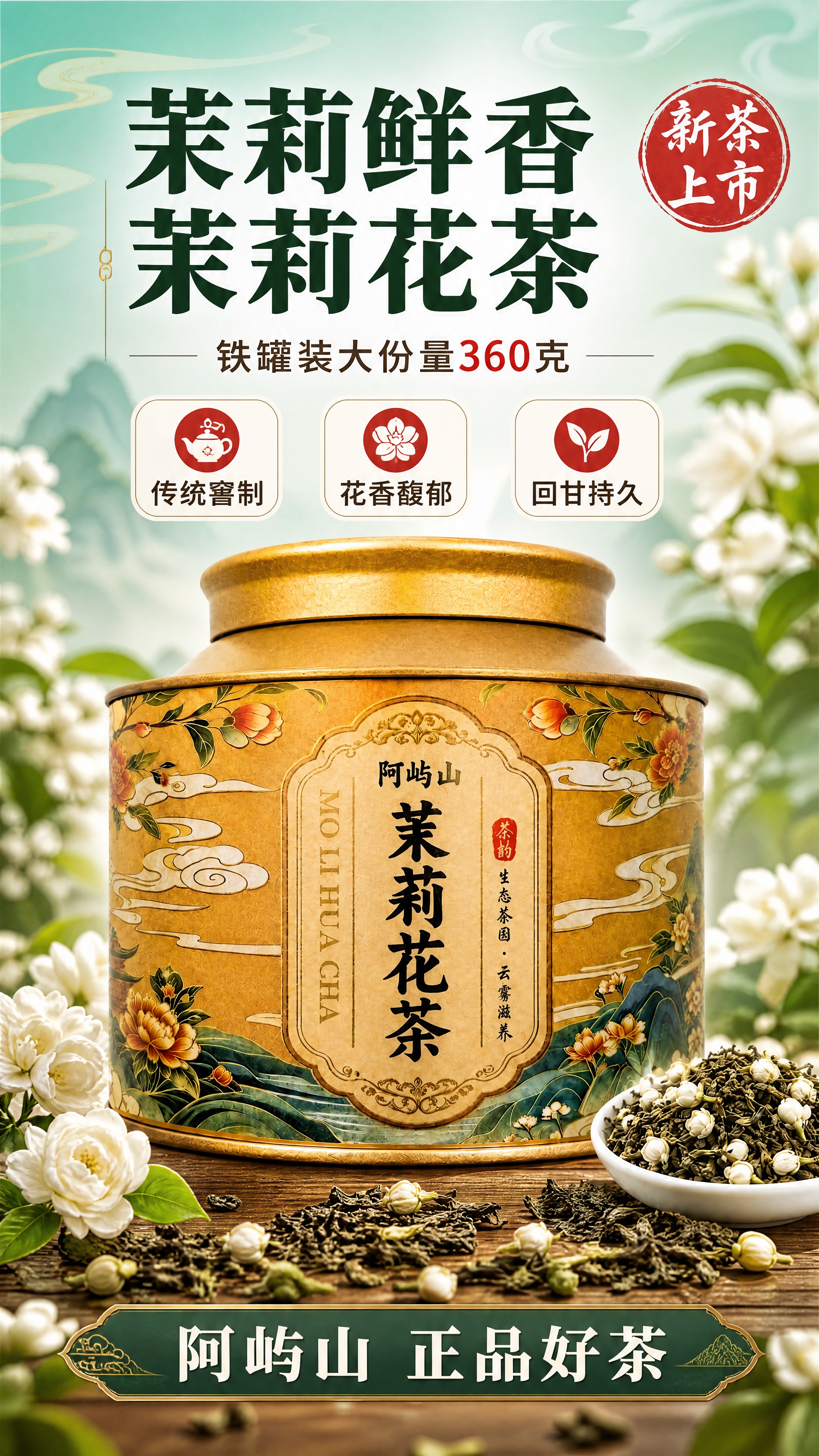 [商品] 使用【图1】阿屿山茉莉花茶金色铁罐；保留罐体结构、金… - 图片创意预览