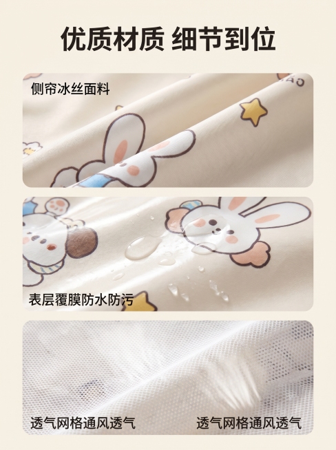 「图片1」生成电商详情页，特点：侧帘冰丝，面料表层覆膜防水防污，透气网格通风透气不闷热，内置两个大口袋置物方便，停车带防晒垫防止座椅暴晒烫屁股预览效果