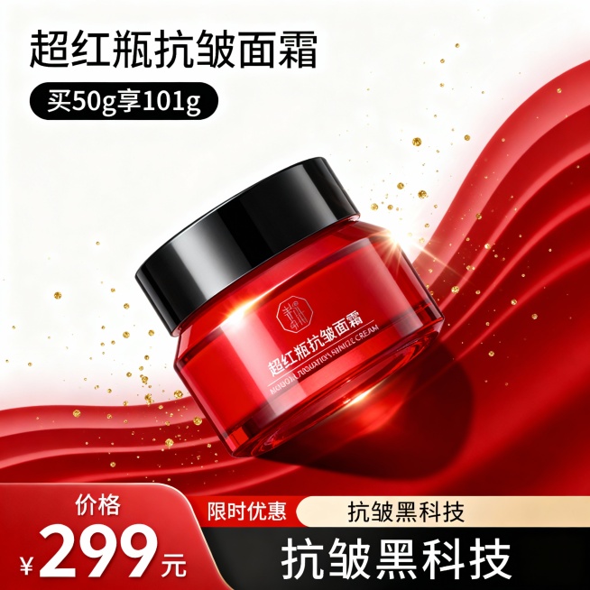 超红瓶抗皱面霜电商主图，1:1比例。顶部核心信息区主标题“超红瓶抗皱面霜”，副标题“买50g享101g”。中部商品展示区右侧斜放红色瓶身面霜，瓶盖黑色，瓶身有高光，背景为白色渐变搭配红色波浪线条，点缀预览效果