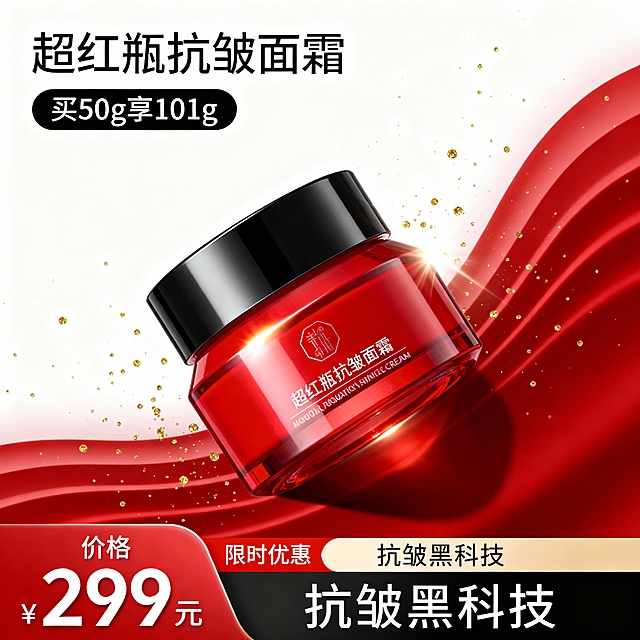 超红瓶抗皱面霜电商主图，1:1比例。顶部核心信息区主标题“超红瓶抗皱面霜”，副标题“买50g享101g”。中部商品展示区右侧斜放红色瓶身面霜，瓶盖黑色，瓶身有高光，背景为白色渐变搭配红色波浪线条，点缀金色粒子。底部辅助信息区通栏设计，通栏左侧“价格”、“299元”，白色字体配红色背景标签，通栏右侧“抗皱黑科技”，通栏中间“限时优惠”。整体风格现代简约，商品立体感强，光线明亮突出产品质感。