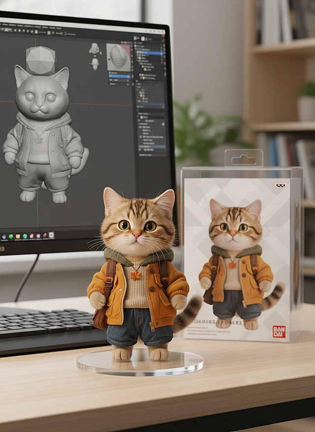 将这个图片制作成一个商业化1/7比例手办，风格写实，环境逼真。手办放置在电脑桌上，配有一个圆形透明亚克力底座，底座上没有文字。电脑屏幕上显示着手办的Zbrush建模过程。电脑屏幕旁边是一个万代风格的透明玩具盒，上面印有原始画作。