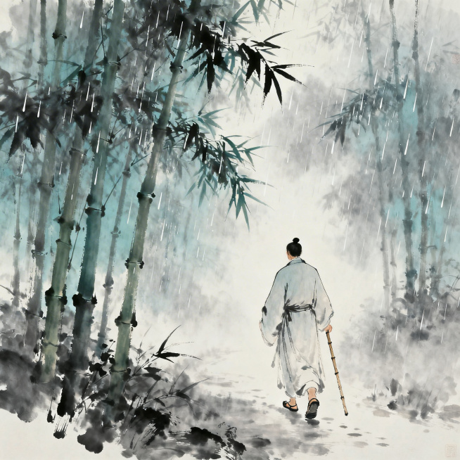 苏轼定风波词意，雨中竹林，细密雨丝打在竹叶上簌簌作响，一位身着素色简朴古代布衣的男子持竹杖芒鞋，从容闲适地缓步前行，只展现背影，氛围旷达洒脱，烟雨朦胧，水墨国风质感，意境悠远预览效果
