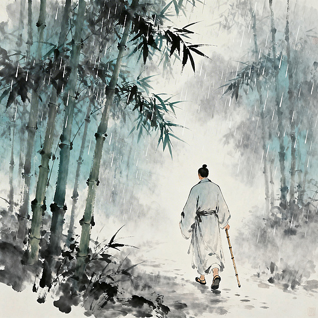 苏轼定风波词意，雨中竹林，细密雨丝打在竹叶上簌簌作响，一位身着素色简朴古代布衣的男子持竹杖芒鞋，从容闲适地缓步前行，只展现背影，氛围旷达洒脱，烟雨朦胧，水墨国风质感，意境悠远