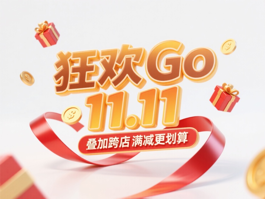白色背景，“狂欢Go 11.11"霓虹立体字，棕黄渐变材质，底部悬浮副标题"叠加跨店满减更划算"，周围漂浮着金币与礼品盒，环绕着红色丝带预览效果