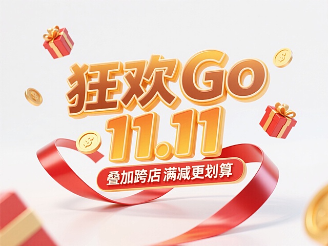 3D金属鎏金风大字设计，搭配红金礼盒与丝带，营造喜庆促销氛围，突出双十一节日狂欢感与体积感。