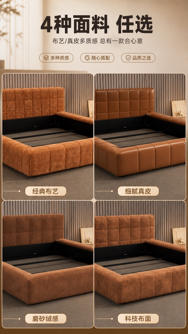 [商品] 使用【图1】棕色方格软包落地围边床；保留床头软包、落… - 图片创意预览