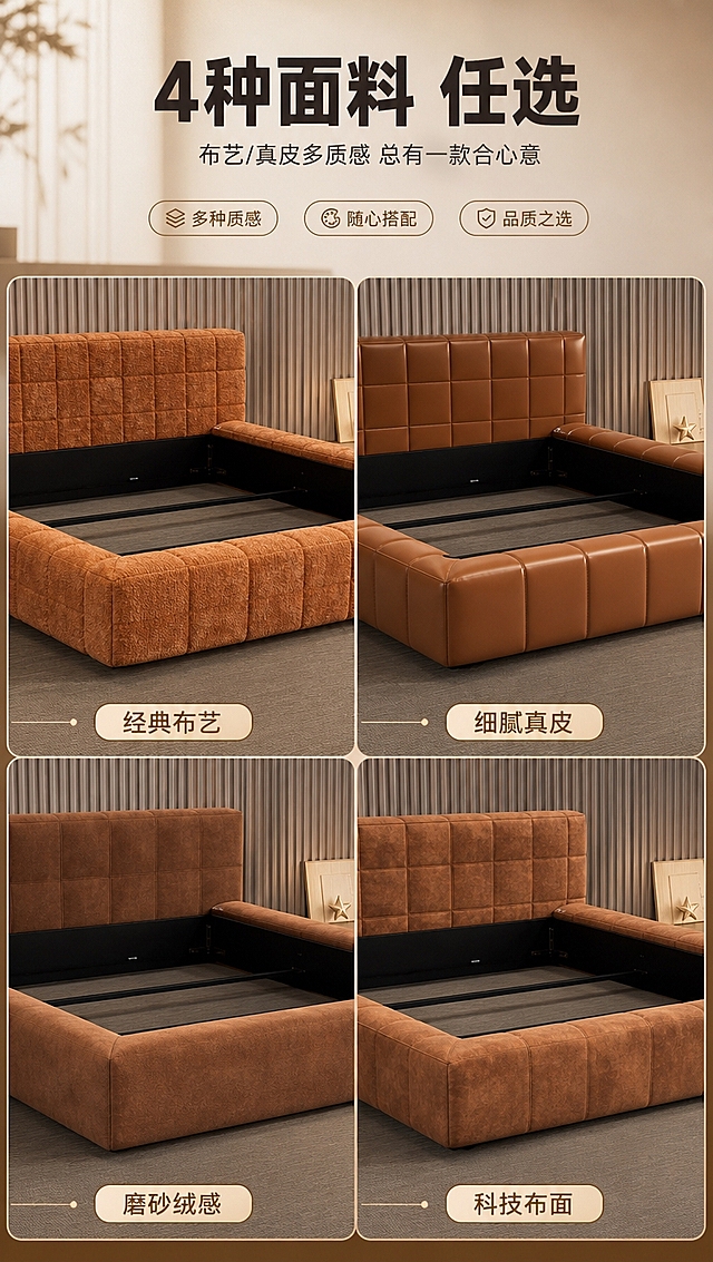 [商品] 使用【图1】棕色方格软包落地围边床；保留床头软包、落地围边、整体轮廓与床身结构；商品处理：本张展示4种面料变体，以同款床型不同面料质感呈现，床架结构不变；面料包括布艺（原图格纹款）、科技布、磨砂绒、真皮四种，颜色在暖棕/咖色系内变化，不改变床的造型与比例。
[画面] 目标：第3张·面料选择展示，突出4种面料可选、布艺/真皮任选、多种质感随心挑。上文下矩阵竖版构图，顶部约1/5为文案区，下方约4/5为2×2面料矩阵；每格展示同款床型不同面料质感特写，分别为：左上布艺格纹款（原图款）、右上细腻真皮款、左下磨砂绒款、右下科技布款；每格下方配面料名称小标签；床体均为侧45°中近景，占每格约60%。
[视觉] 套系策略：风格=现代轻奢暖调家居商业摄影；标题字=现代无衬线粗体（思源黑体Heavy）；正文字=简洁无衬线体（思源黑体Regular）；主色=暖棕焦糖色；背景延展=基于暖棕做深浅层级、同色渐变与细腻织物/木饰面质感；强调色=香槟金，仅用于小面积图标、引线、标签和局部金属光效；标题色=深炭灰；正文色=中暖灰；组件=圆角浅底信息卡、细线引线、胶囊卖点框；光影=左前侧暖柔光，窗边自然光漫射，柔和阴影。
[文字] 顶部文案区：主标题「4种面料 任选」，副标题「布艺/真皮多质感 总有一款合心意」；下方2×2矩阵每格底部标注面料名称（如「经典布艺」「细腻真皮」「磨砂绒感」「科技布面」）；文字横排、层级清晰，不遮挡床体软包主体。
[规格] 图片比例9:16竖版，4K分辨率，淘宝/天猫详情页适配，中文文案；避免变形、错字、文字过小、冷蓝/蓝灰背景、床结构失真、极限词。