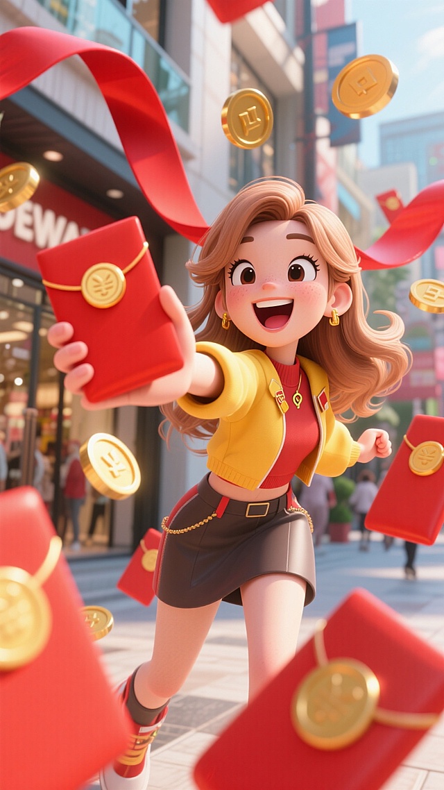 强烈镜头畸变，冲击力强，大幅度夸张动作，画面四周围绕的是很多红包和金币，一个浅棕色长发穿搭时尚的女生，左手向前伸向镜头，刚刚接着一个大红包，惊喜的表情，表情开心，比例夸张，背景在室外的商场。主色调为红色和黄色。背后有红色的丝带。