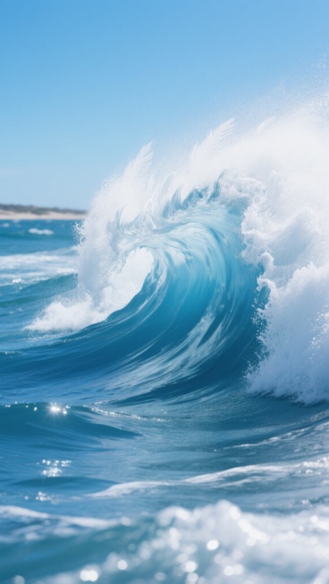 超写实摄影风格，海上巨浪特写，蓝白配色，深邃蔚蓝的海水与洁白浪花形成鲜明对比，巨浪呈近景极具冲击力的弧度，浪花造型改变为细腻的、如羽毛般轻盈翻卷的形态，同时保留海水内部清晰可见的流动纹理和层次感，强烈的阳光从侧面照射，在浪尖和波谷形成明亮的高光与深邃的阴影，展现出海水晶莹剔透的质感，背景是纯净的蓝天与远处模糊的海岸线，整体画面充满力量感与自然的动态美，光影锐利，细节丰富，色彩饱和度高。预览效果