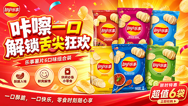 基于这张乐事薯片组合图制作一张横屏电商促销海报，主标题为"咔嚓一口解锁舌尖狂欢"，标注卖点：酥脆入味、鲜爽解馋、休闲必备小零食，底部slogan为"一口酥脆，一口快乐，零食时刻随心享"，整体风格活泼有食欲，适合零食促销
