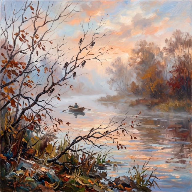 Autumn riverside at dawn, cicadas on bare branches, misty water, lone boat, impressionist style预览效果