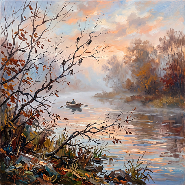 Autumn riverside at dawn, cicadas on bare branches, misty water, lone boat, impressionist style