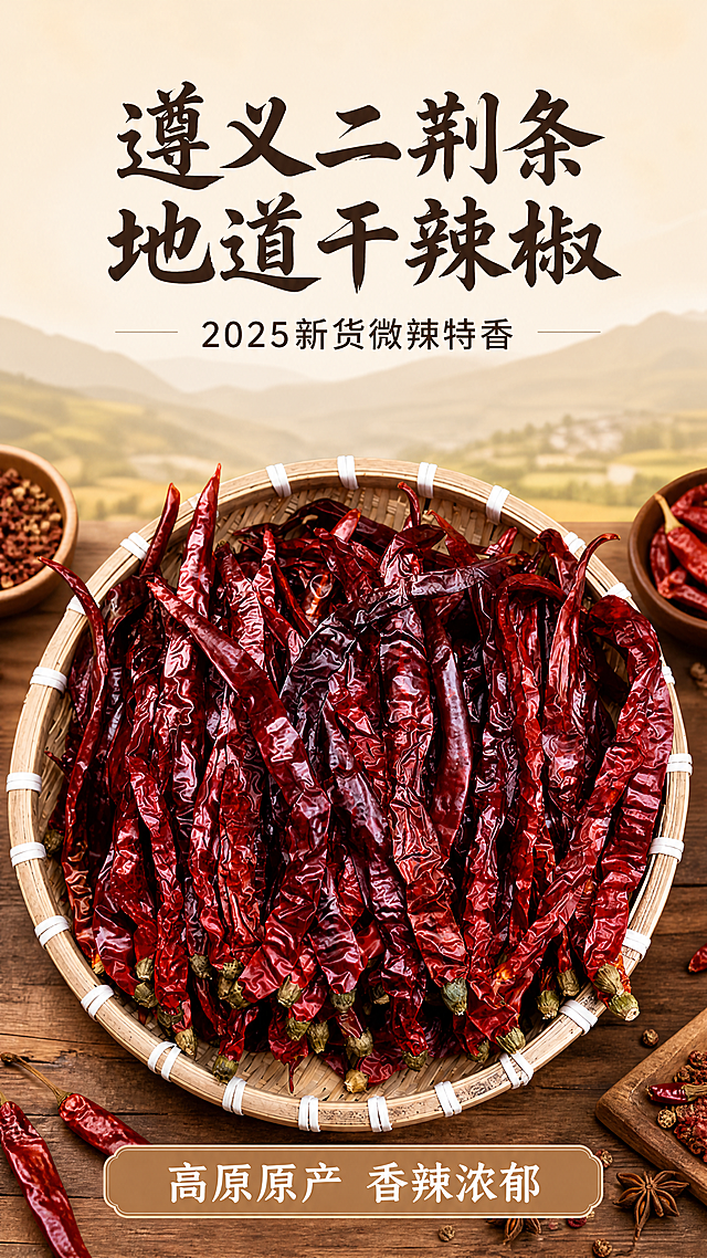 [第1屏] 详情页头图-正宗遵义二荆条干辣椒食欲氛围宣传海报，产品为红色长条形微辣特香干辣椒。
[氛围/风格] 生鲜农特产地新鲜感，家常烟火气，商业美食摄影质感，画面干净有食欲，浓郁质朴风格。
[元素布局] 使用图1作为商品主体，保持干辣椒红色深红、长条形形态、干缩褶皱质地、辣椒蒂浅绿色的物理结构、材质质感、颜色与输入产品图一致，干辣椒放在竹编簸箕中，占据画面60%-70%主体区域。背景为浅棕渐变底色，上方加入远山高原风景虚化元素，下方加入厨房木质台面做前景，整体层次分明突出产品。
[光影质感] 左前方柔和主光照亮干辣椒深红色泽，右后方形成自然柔和投影，辣椒表面褶皱光影清晰，整体明暗过渡自然，产品真实有食欲。
[配色色系] 全局底色：#F5F0E6（浅棕米底色）；主体配色：#A80000（辣椒深红）+ #D4C4A8（竹编浅黄）；辅助色：#333333（文字深棕）。
[视角构图] 俯视角度，产品位于画面中下区域，上方预留完整标题区域，主体居中突出，阅读动线从上到下清晰舒适。
[文字版式] 整体为上标题下产品构图。主标题「遵义二荆条 地道干辣椒」，深棕色，书法感字体，位于画面上方居中，字号占画面宽度8%-10%。副标题「2025新货微辣特香」，深棕色，无衬线字体，位于主标题下方居中，字号约为主标题40%。底部浅棕色信息条放置核心卖点「高原原产 香辣浓郁」，文字居中，白色字体，不遮挡辣椒主体。字形选择适度书法感标题+正文同家族无衬线，字色仅深棕一种，标题采用纯色填充字效，后续所有屏幕复用此格式。
[比例分辨率] 9:16竖版比例，4K分辨率，文字清晰可辨，超高清。
[负向提示词] 辣椒变形，颜色偏差，结构错误，水印，文字错乱，产品图模糊，背景杂乱，违规表达，绝对化用词。