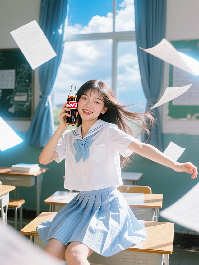 jk少女，白色jk制服，浅蓝色领带，浅蓝色条纹短裙。坐在在书桌上。一只手拿着冰可乐放在脸颊旁，另一只手往前伸出做出舞蹈造型。倾斜构图。照到身上的阳光，强烈的光影效果，斑驳光照。梦核，环绕动态模糊的试卷，试卷发光。高饱和蓝色，发光边缘。日系风格摄影。飞扬的发丝，长发，微笑，可爱。夏日，校园教室，风吹起的窗帘，书桌，书本。多云，青春气息，活泼，可爱。俏皮姿势。手往前伸出做出舞蹈造型
