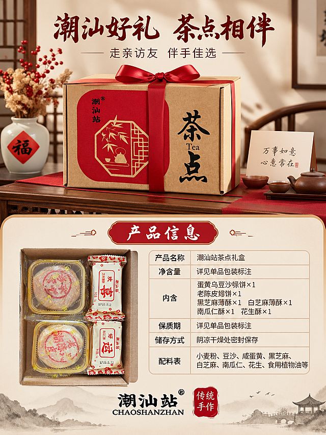 [商品] 使用【图1】【图2】茶点礼盒及内景图；保留礼盒外观、品牌标识、内盒布局等全部原貌；本页做规格信息和礼赠场景收尾。
[画面] 页面目标：规格信息与礼赠收尾，展示产品参数并以礼赠场景收束转化。规格营养同页+礼赠开箱型构图。上半部分：礼赠场景，中式玄关条案上摆放着潮汕站茶点礼盒（系着红色丝带），旁边有一小束干花和一张贺卡，营造走亲访友送礼的温馨氛围。下半部分：规格信息区，左侧放礼盒侧面图，右侧是规格参数表格形式展示：产品名称、净含量、内含规格、保质期、储存方式、配料表（简要）等信息。背景是暖木色+米白色渐变，整体温暖正式。
[视觉] 套系策略：风格=国风传统美食商业摄影；标题字=粗笔书法体；正文字=细黑体；主色=中国红+牛皮纸黄；背景延展=基于暖木色和米白色做深浅层级、同色渐变和细腻木纹/宣纸质感；强调色=朱砂红，仅用于小面积图标、引线、印章标签；标题色=深棕红；正文色=深棕色；组件=圆角米白底信息卡、细线引线、印章式标签；光影=右侧暖调自然光侧逆光。
[文字] 顶部主标题"潮汕好礼 茶点相伴"书法体深棕红色，下方副标题"走亲访友 伴手佳选"细黑体深棕色。规格区标题"产品信息"，下方参数："产品名称：潮汕站茶点礼盒""内含：蛋黄乌豆沙朥饼×1 老陈皮朥饼×1 黑芝麻薄酥×1 白芝麻薄酥×1 南瓜仁酥×1 花生酥×1""储存方式：阴凉干燥处密封保存"。底部中央"潮汕站"品牌Logo+红色印章标"传统手作"。
[规格] 图片比例3:4竖版，4K，避免变形、错字、文字过小、冷蓝/冷灰背景、参数信息错误、包装文字错乱。