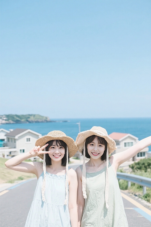 海边实景，清新甜美，两人同框，自然光感，夏日风情。