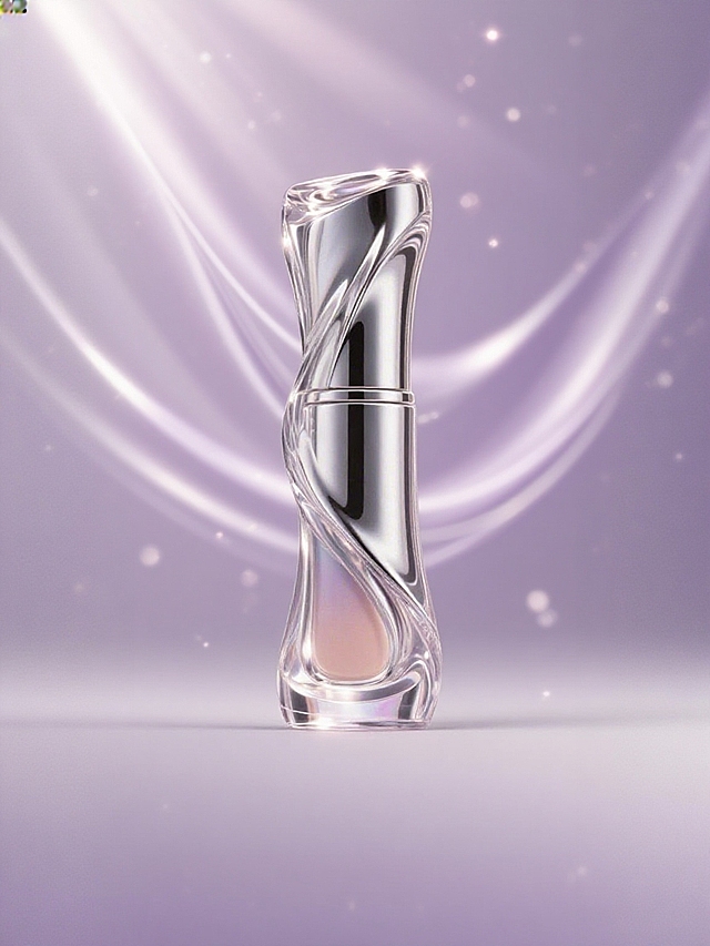 以浅紫色为基调，用流动银色线条、朦胧光斑做背景，强化精致光影效果，聚焦瓶身，奢华高端质感，突出光影对瓶身光泽和立体感的塑造 。