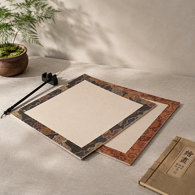 商业级产品摄影
主体：国画卡纸严格参照上传产品图，完整保留组件、轮廓、结构、比例、材质、颜色与产品文字信息，突出卡纸本身的质感，产品占画面60%~70%，完整不裁切，充满画面，绝对主导，近景构图，完整保留毛笔和原有摆放结构。
构图：黄金分割构图，视角偏转30°，平视视角
风格：新中式复古雅致
场景概念：清晨书房一角，柔和自然光洒入
承载与空间：①桌面，浅灰色哑光亚麻桌布，纹理清晰；②背景，浅米灰色乳胶漆墙面，简洁
陪衬物：①画面左后方，一小枝文竹，盆栽，陶土色花盆，浅绿叶片；②画面右下角，一本线装旧书，浅棕封面，棉麻装帧
配色：主色调亚麻灰60%，辅助色浅米灰25%，点缀色陶土棕、浅绿15%，画面颜色：亚麻灰/浅米灰/陶土棕/浅绿
材质：亚麻/乳胶漆/陶土/棉纸卡纸/实木，共5种材质
光影：主光从左侧斜前方45°侧窗柔和自然光射入，照亮卡纸核心展示面；辅光为墙面环境反射补光；产品边缘有柔和轮廓光，突出卡纸哑光肌理质感。
参数：4K，写实光追，严格锁定宽高比为1:1，更换掉原有的木质桌面背景