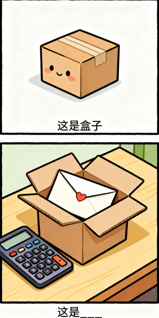 手绘搞笑纵向双格漫画，上半格：Q版可爱的盒子，极简背景，底部文字框写“这是盒子”；下半格：盒子里装着一封信，旁边放着一个计算器，底部文字框写“这是____”，线条清晰，色彩鲜明预览效果