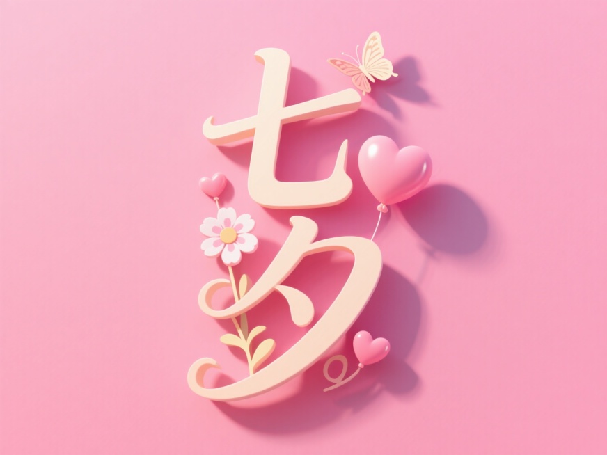 竖向浅色文字"七夕"，线条流畅，纸雕艺术字。创意字体设计点缀两只蝴蝶、花朵元素和心形的气球，童趣活泼。粉色背景，浪漫七夕氛围。预览效果