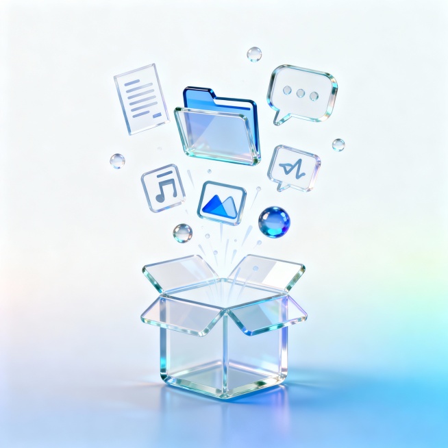 轻量毛玻璃风格，画面中心是一个打开的盒子图标，图标的上方飘着玻璃质感的文件夹和对话框，文档、图片、音频、视频、圆球等元素从盒子里喷出，背景为浅色炫彩渐变的白蓝色，整体透明感强，元素分布均匀，构图平衡预览效果