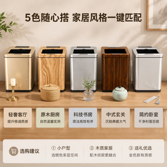 [主图-4] 多款决策图｜5色外观全家福 + 家居风格匹配指南
[氛围风格] 浅米色微肌理背景墙+原木搁板，5款垃圾桶并列陈列，模拟家居展厅实拍；每款下方配风格标签，强化决策辅助.
[元素] 使用全部预览效果