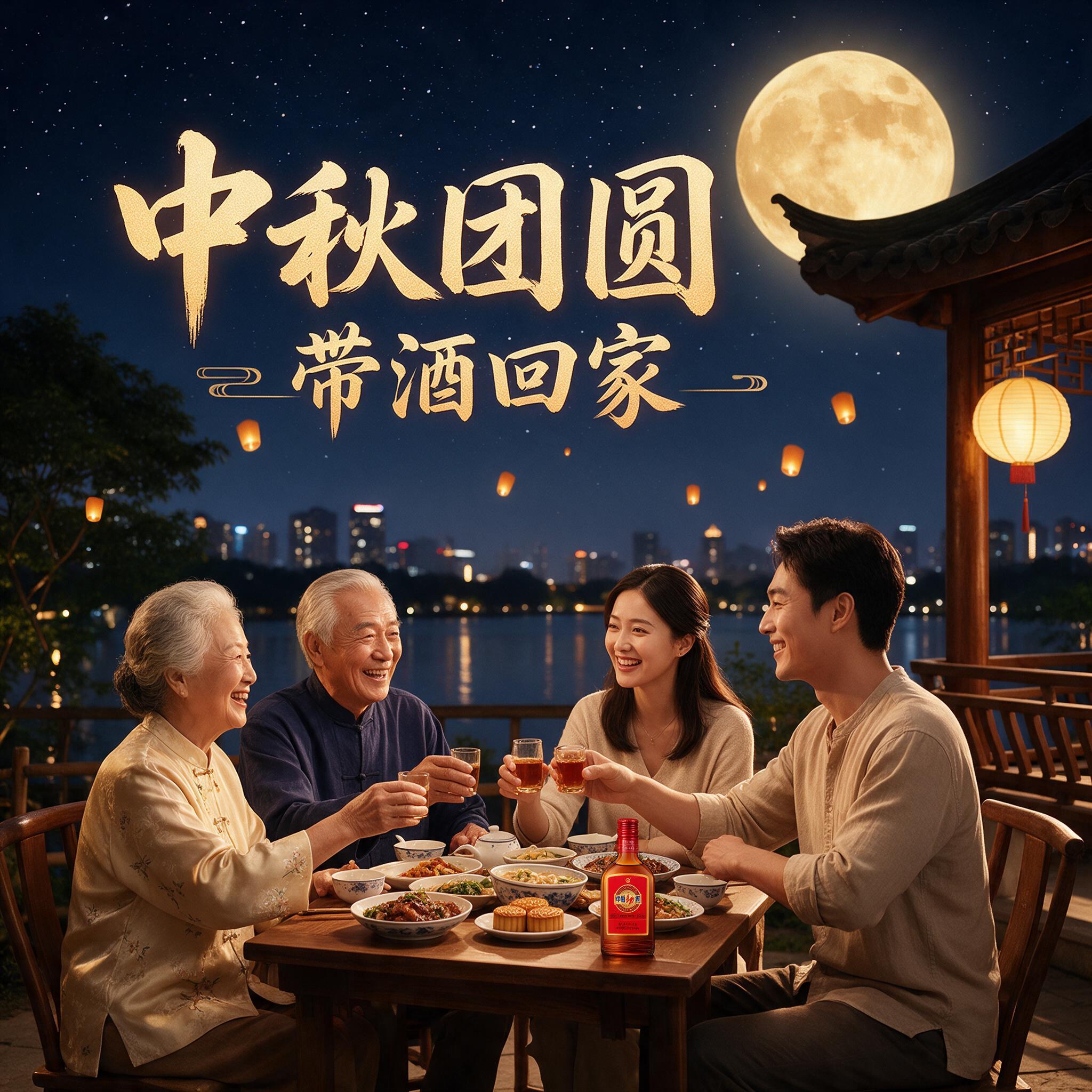 超写实商业摄影，中秋夜晚庭院阖家团圆聚餐，一家四口二代同堂围坐… - 图片创意预览