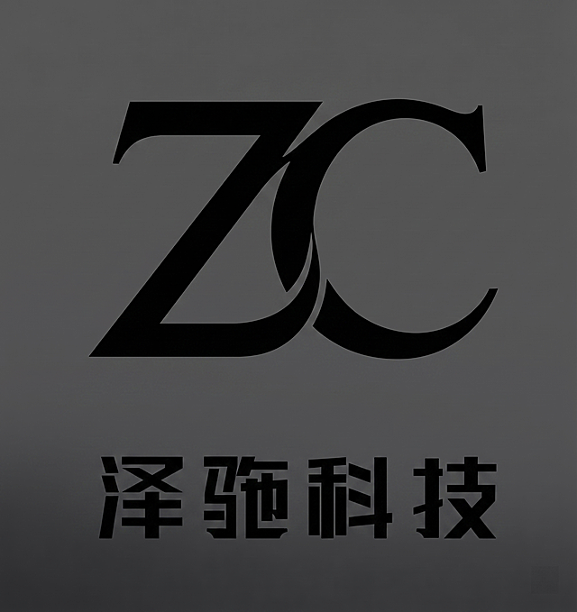 将原有立体金属效果的zc字母logo修改为扁平化设计，去除立体和光影效果，保留原有的字母结构和穿插组合方式，颜色改为黑色，保持深灰色干净纯色背景，保留下方的'泽驰科技'四个文字，文字也改为扁平化无立体效果。文字整体必须完整呈现在画面内不可被裁切，四周留有安全边距。