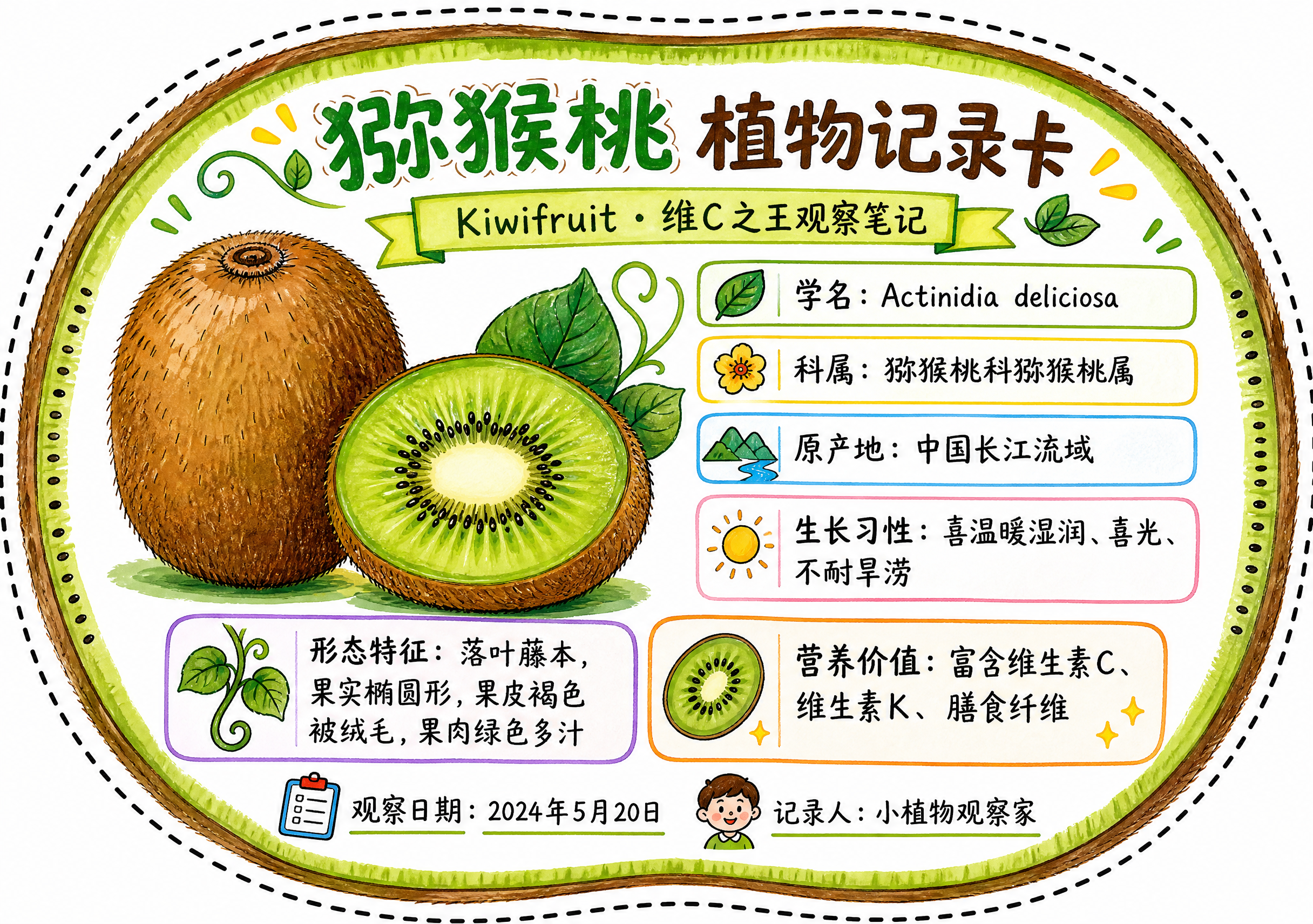 一张猕猴桃异形植物记录卡，整体为猕猴桃轮廓造型（椭圆形切面造型… - 图片创意预览