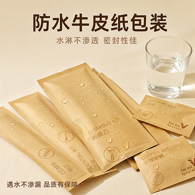 [主图-2] 突出防水牛皮纸包装卖点
[氛围风格] 日系简约，干净真实，突出品质感
[画质] 商业摄影质感，光线柔和通透，产品清晰真实，画面干净高级
[元素] 展示牛皮纸包装遇水效果，水珠在包装表面滑落不渗透，保持产品包装外观与输入产品图绝对一致，杜绝任何变形色差。产品放置在干净浅米色台面上，旁边放置一杯清水辅助展示防水效果，商品主体占比70%，画面满屏无边框
[光影] 侧前方柔光打亮，水珠呈现透明晶莹高光，包装肌理清晰可见，明暗层次自然
[配色] 浅米色日系背景，主色调保持牛皮纸原棕黄色，水的透明无色点缀，整体干净素雅
[视角构图] 45°斜侧视角，焦点在包装表面水珠部分，景深适中
[文字版式] 顶部居中大字主文案“防水牛皮纸包装”，深棕色粗体，下方小字“水淋不渗透 密封性佳”，浅棕色同字体缩小一半。左下角放置“遇水不渗漏 品质有保障”说明文字，清晰易读不遮挡主体
[比例分辨率] 1:1比例，4k分辨率，文字清晰锐利，超高清
[负向提示词] 变形，水印，文字错乱，包装模糊，背景杂乱