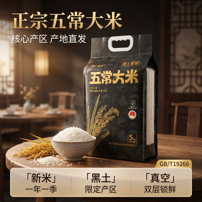 [主图 1] 五常大米产品首图，饭店餐厅木质餐桌场景。
[氛围风格] 大气高端黑金风格，浓郁食欲感，拼多多直白高吸引力风格
[画质] 商业摄影质感、光线柔和通透、产品清晰真实、画面干净高级。
[元素]预览效果