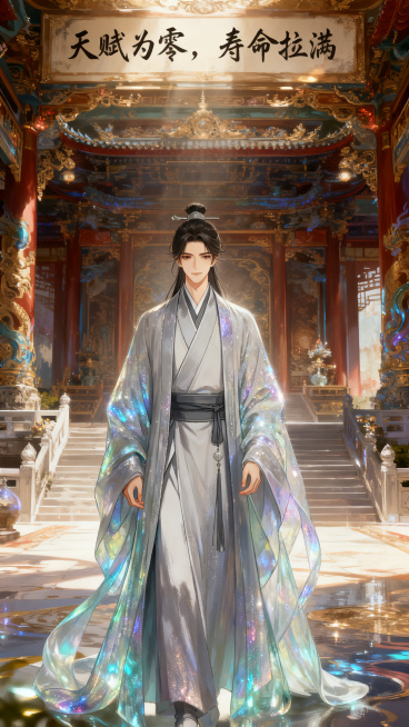 古风玄幻漫剧封面，基于图中古风美男角色进行创作，华丽国风古场景背景，非纯白色背景，全图无留白，无英文，顶部添加剧名"天赋为零，寿命拉满"，古风书法字体预览效果